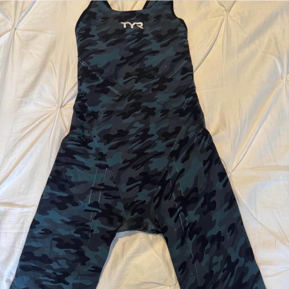 TYR Venzo blue camo open back tech suit.